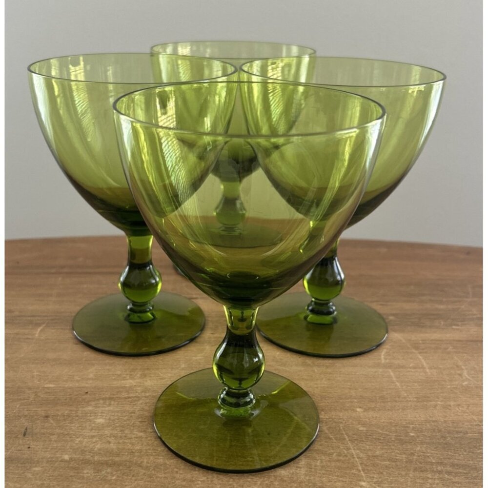 Vintage Morgantown Regina Water Goblets Set  Of 4 Moss Green Glass